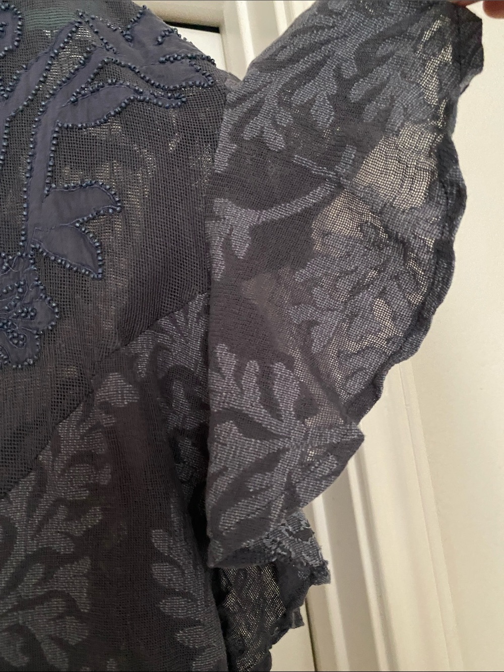 Anthropologie Women’s Navy Lace Embroidered Ruffle Hem Blouse - Picture 8 of 8